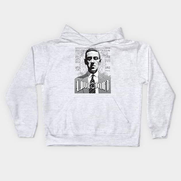 HP Lovecraft Ambigram Portrait - Black Text Kids Hoodie by Fire Forge GraFX